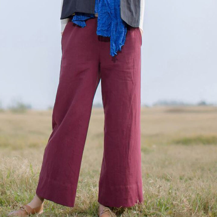 Buddha Stones Lässige, schlichte, lockere Ramie-Hose für Damen mit weitem Bein und Taschen