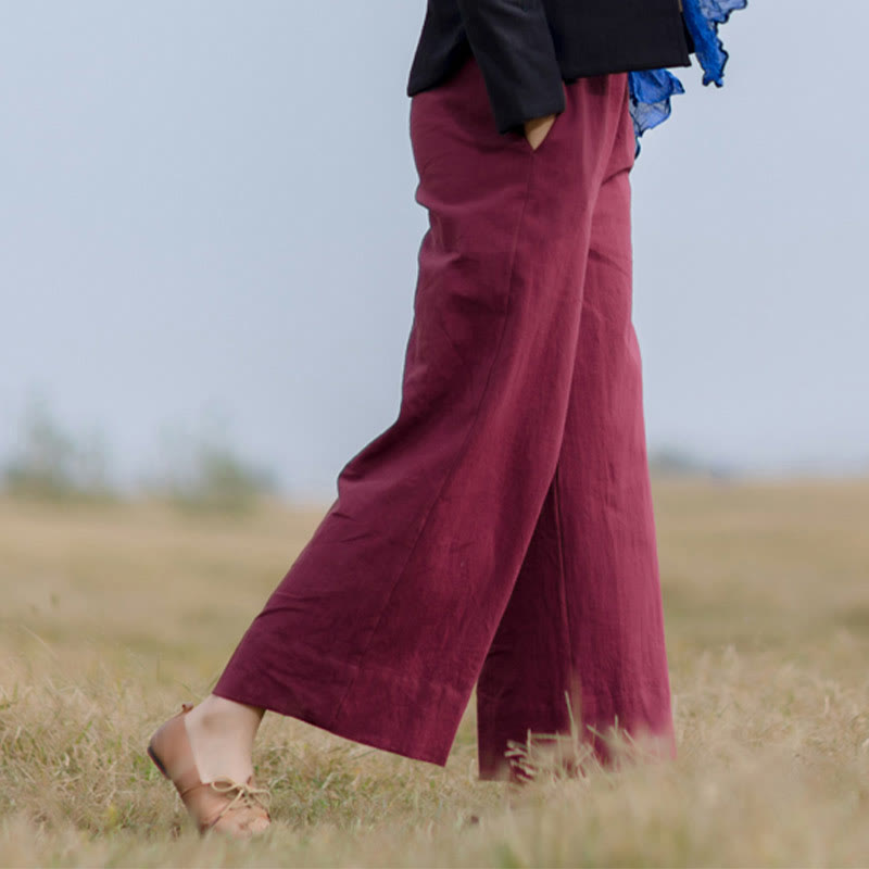 Buddha Stones Lässige, schlichte, lockere Ramie-Hose für Damen mit weitem Bein und Taschen