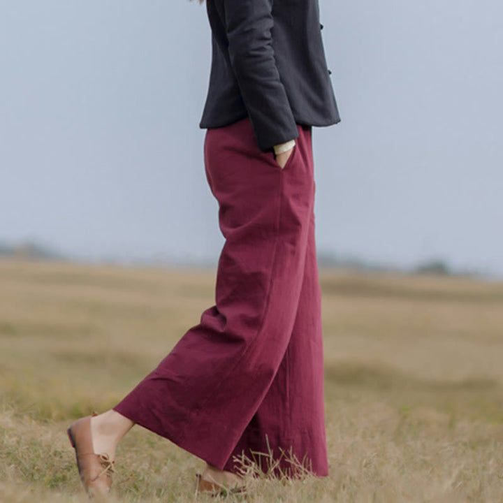 Buddha Stones Lässige, schlichte, lockere Ramie-Hose für Damen mit weitem Bein und Taschen