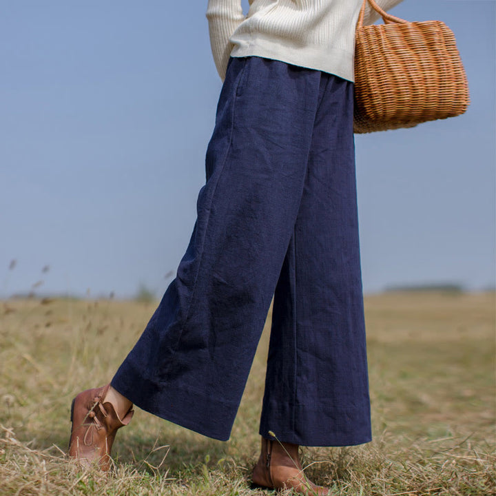 Buddha Stones Lässige, schlichte, lockere Ramie-Hose für Damen mit weitem Bein und Taschen