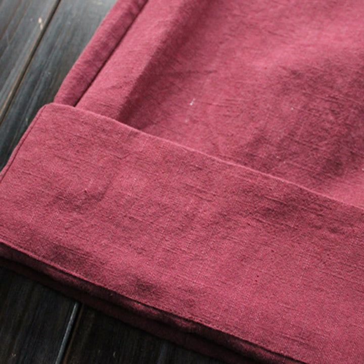 Buddha Stones Lässige, schlichte, lockere Ramie-Hose für Damen mit weitem Bein und Taschen