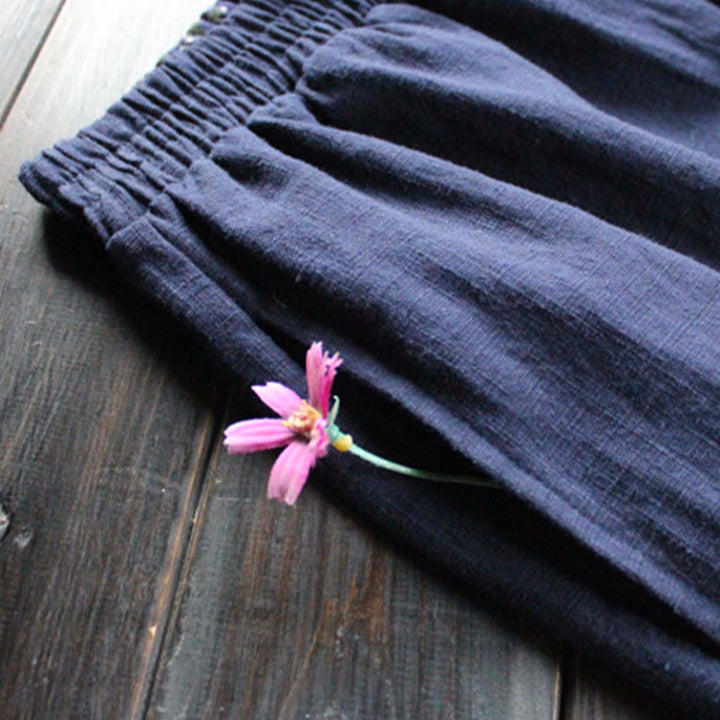 Buddha Stones Lässige, schlichte, lockere Ramie-Hose für Damen mit weitem Bein und Taschen