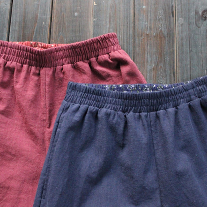 Buddha Stones Lässige, schlichte, lockere Ramie-Hose für Damen mit weitem Bein und Taschen