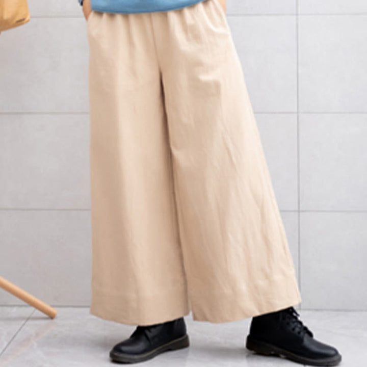 Buddha Stones Lässige, schlichte, lockere Ramie-Hose für Damen mit weitem Bein und Taschen