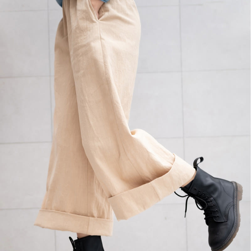 Buddha Stones Lässige, schlichte, lockere Ramie-Hose für Damen mit weitem Bein und Taschen