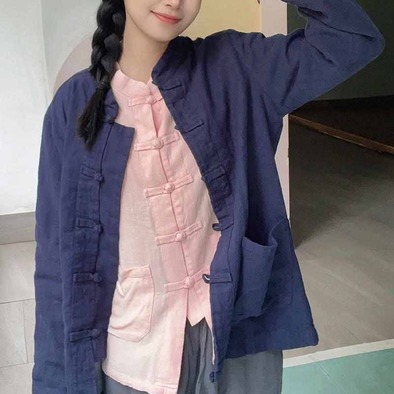 Buddha Stones Einfarbige Froschknopf Langarm Baumwollleinen Damenhemden mit Taschen - image 18