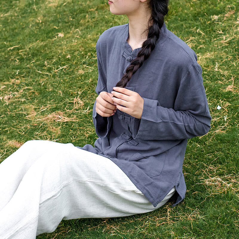 Buddha Stones Einfarbige Froschknopf Langarm Baumwollleinen Damenhemden mit Taschen - image 26