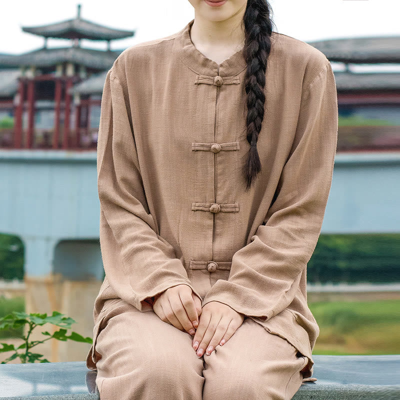 Buddha Stones Einfarbige Froschknopf Langarm Baumwollleinen Damenhemden mit Taschen - BurlyWood - US6, UK/AU10,EU38 (XL) - image 21