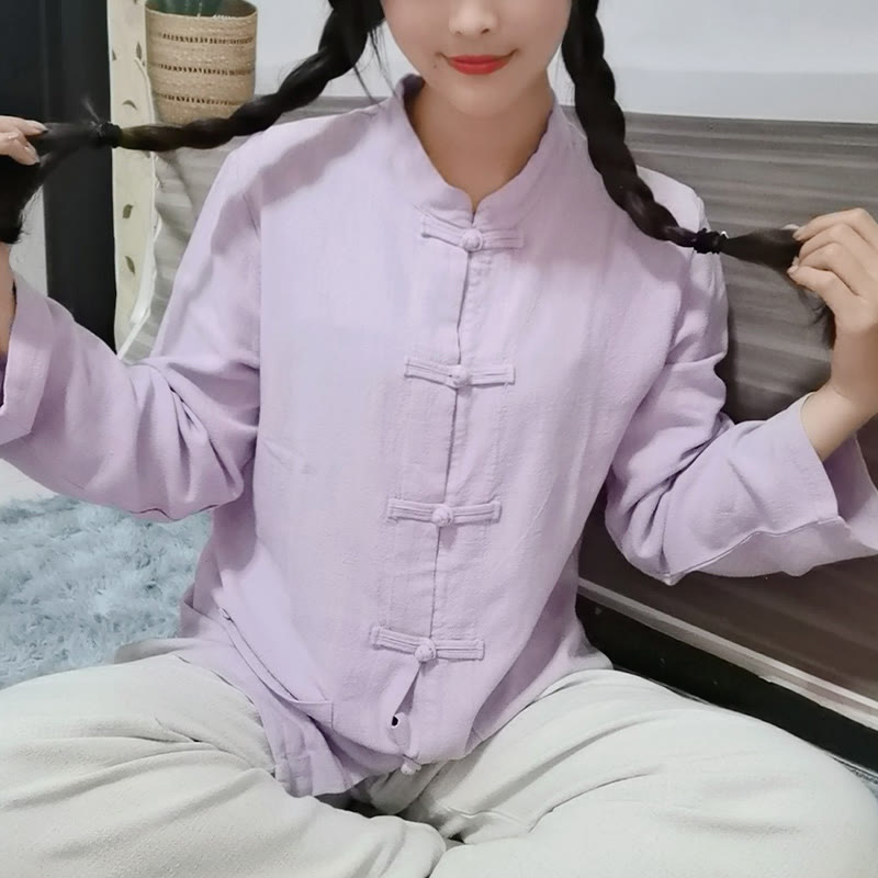 Buddha Stones Einfarbige Froschknopf Langarm Baumwollleinen Damenhemden mit Taschen - Distel - US6, UK/AU10,EU38 (XL) - image 9