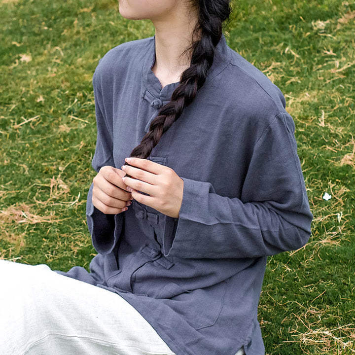 Buddha Stones Einfarbige Froschknopf Langarm Baumwollleinen Damenhemden mit Taschen - Hellstahlblau - US6, UK/AU10,EU38 (XL) - image 25