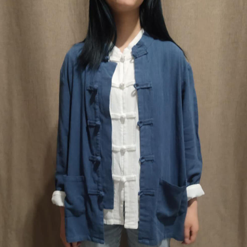 Buddha Stones Einfarbige Froschknopf Langarm Baumwollleinen Damenhemden mit Taschen - DunkelSchieferblau - US6, UK/AU10,EU38 (XL) - image 10