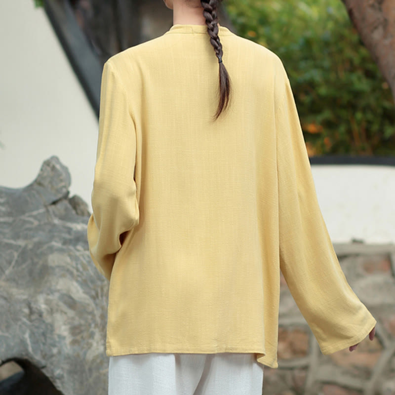 Buddha Stones Einfarbige Froschknopf Langarm Baumwollleinen Damenhemden mit Taschen - image 16