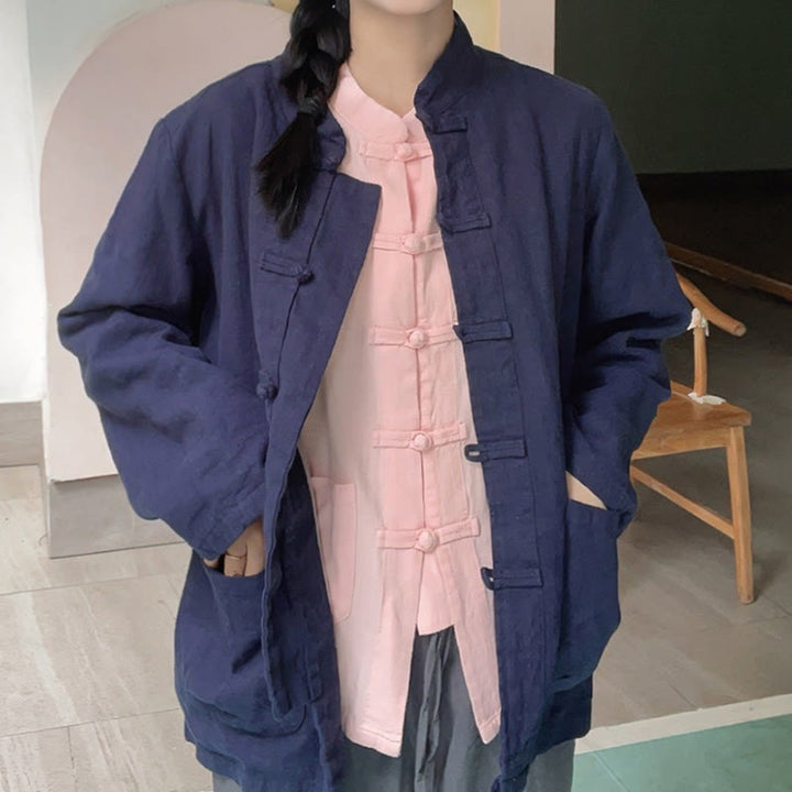 Buddha Stones Einfarbige Froschknopf Langarm Baumwollleinen Damenhemden mit Taschen - image 20