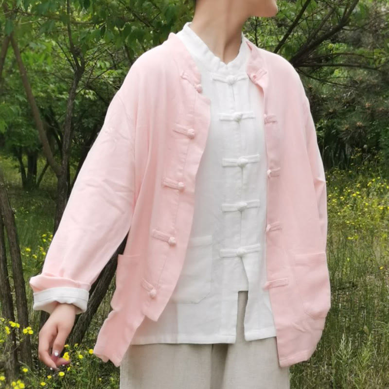 Buddha Stones Einfarbige Froschknopf Langarm Baumwollleinen Damenhemden mit Taschen - Rosa - US6, UK/AU10,EU38 (XL) - image 17