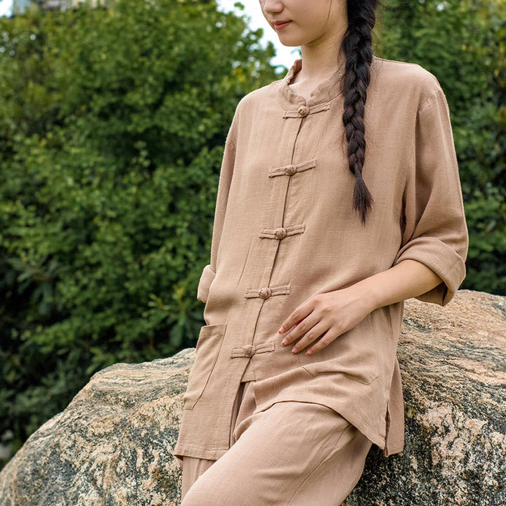 Buddha Stones Einfarbige Froschknopf Langarm Baumwollleinen Damenhemden mit Taschen - image 23