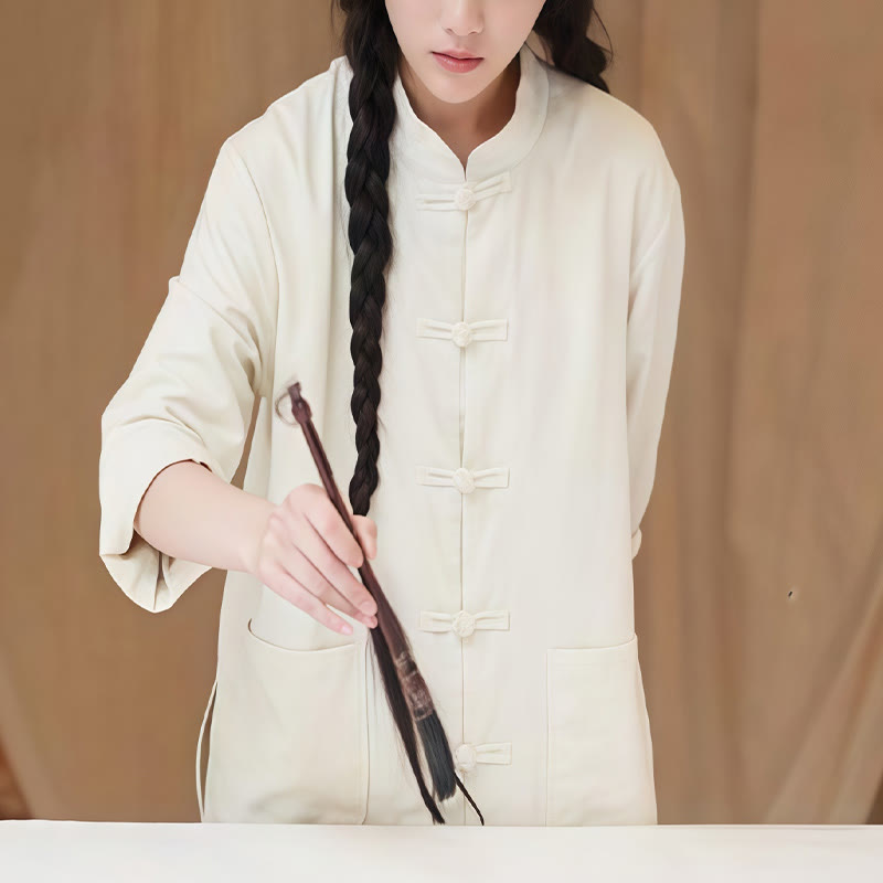 Buddha Stones Einfarbige Froschknopf Langarm Baumwollleinen Damenhemden mit Taschen - image 4