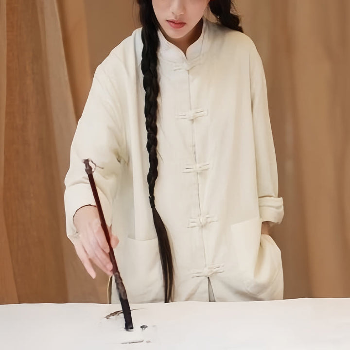 Buddha Stones Einfarbige Froschknopf Langarm Baumwollleinen Damenhemden mit Taschen - image 5