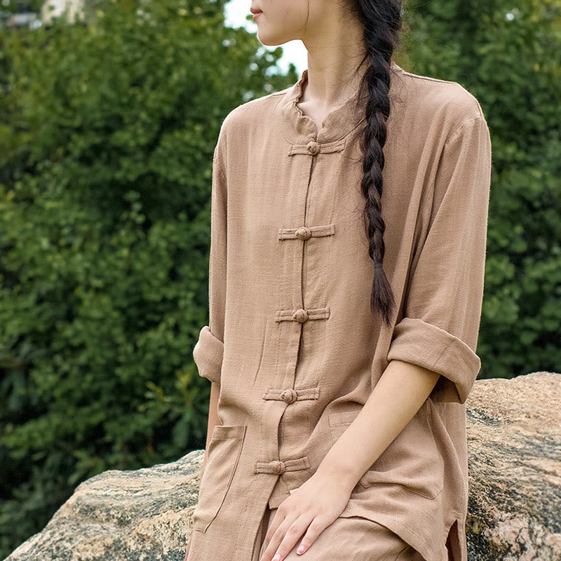 Buddha Stones Einfarbige Froschknopf Langarm Baumwollleinen Damenhemden mit Taschen - image 24