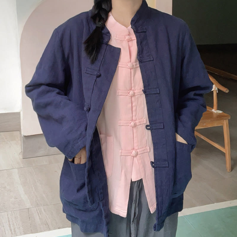 Buddha Stones Einfarbige Froschknopf Langarm Baumwollleinen Damenhemden mit Taschen - image 19