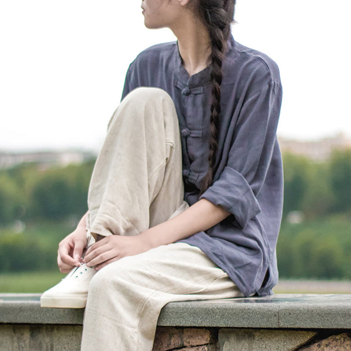 Buddha Stones Einfarbige Froschknopf Langarm Baumwollleinen Damenhemden mit Taschen - image 27
