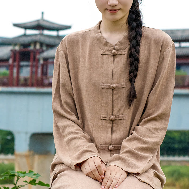 Buddha Stones Einfarbige Froschknopf Langarm Baumwollleinen Damenhemden mit Taschen - image 22