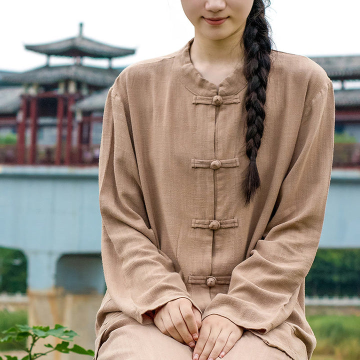 Buddha Stones Einfarbige Froschknopf Langarm Baumwollleinen Damenhemden mit Taschen - image 22