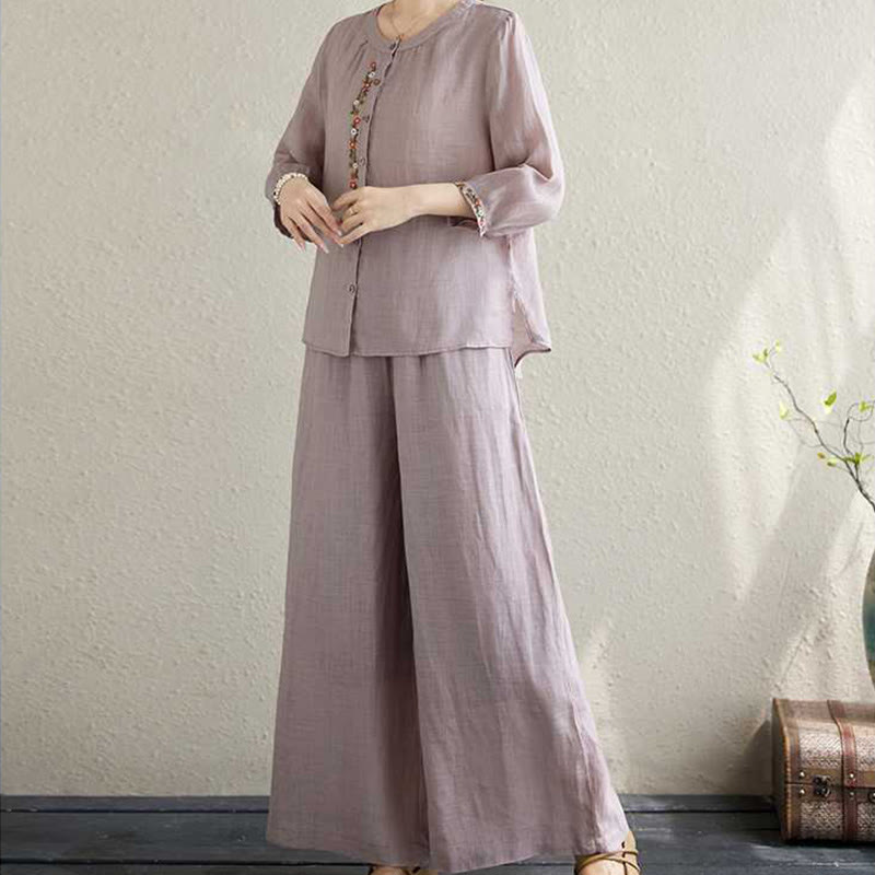 Buddha Stones , 2-teilig, Baumwolle, Stickerei, Blumen, Hemd, Oberteil, Hose, Meditation, Zen, Tai Chi, Damen-Set - image 6