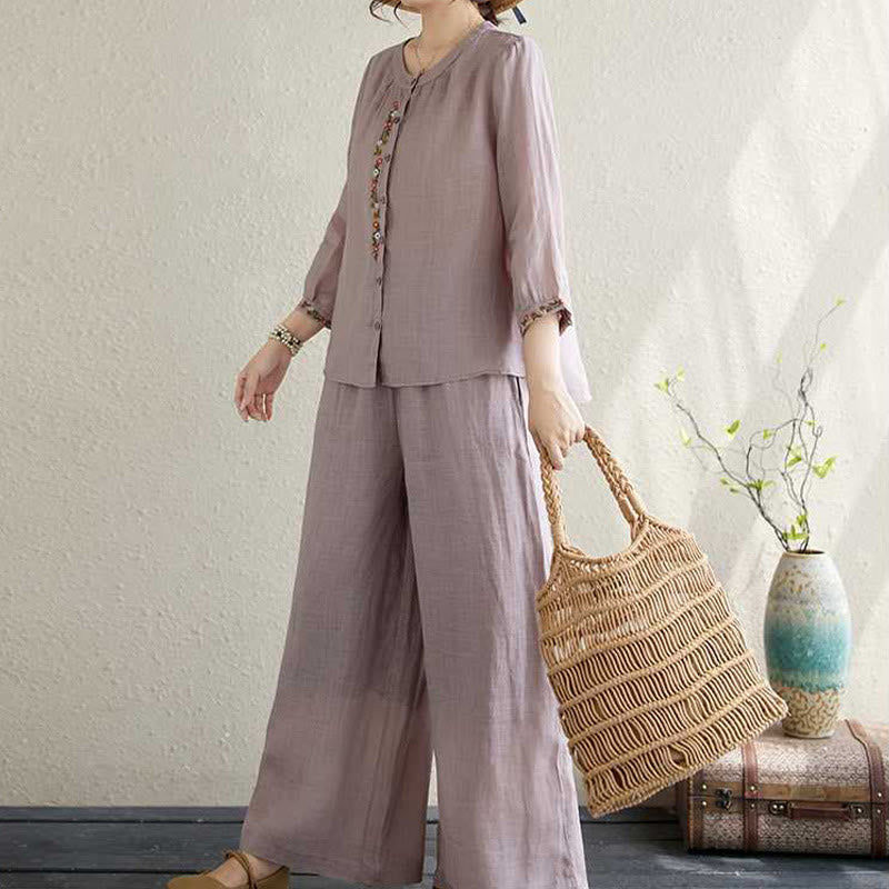 Buddha Stones , 2-teilig, Baumwolle, Stickerei, Blumen, Hemd, Oberteil, Hose, Meditation, Zen, Tai Chi, Damen-Set - image 2