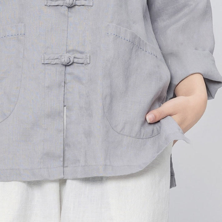 Buddha Stones Einfarbige Froschknopf Langarm Leinen Damenhemden mit Taschen - image 11