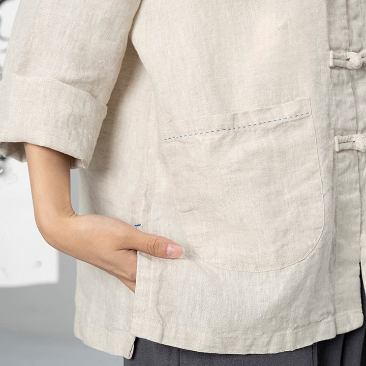 Buddha Stones Einfarbige Froschknopf Langarm Leinen Damenhemden mit Taschen - image 16