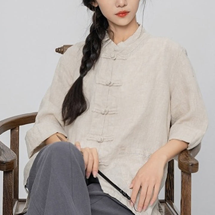 Buddha Stones Einfarbige Froschknopf Langarm Leinen Damenhemden mit Taschen - image 17