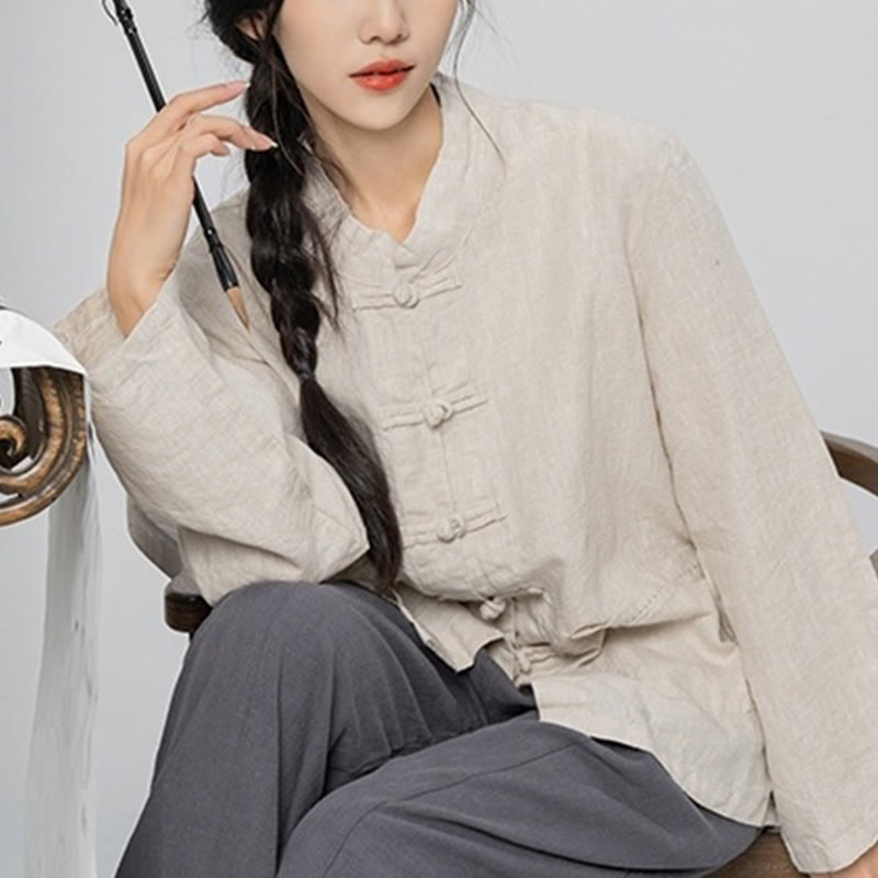 Buddha Stones Einfarbige Froschknopf Langarm Leinen Damenhemden mit Taschen - image 20