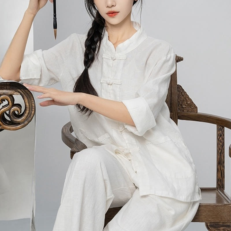 Buddha Stones Einfarbige Froschknopf Langarm Leinen Damenhemden mit Taschen - image 27