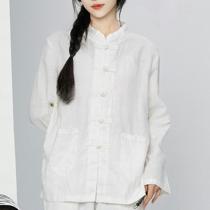 Buddha Stones Einfarbige Froschknopf Langarm Leinen Damenhemden mit Taschen - image 24