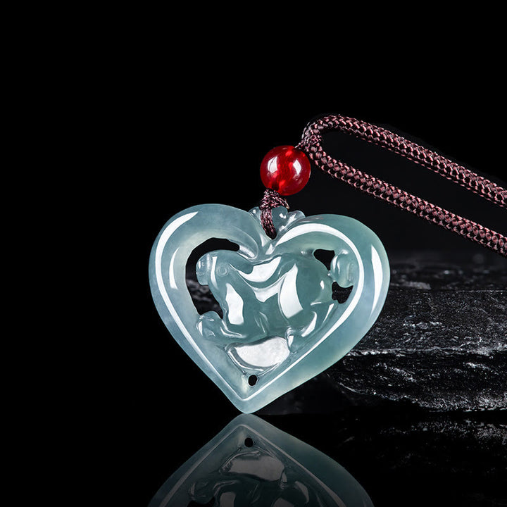 Buddha Stones Halskette mit Anhänger aus natürlicher Jade mit Herz und Kaninchen-Glück