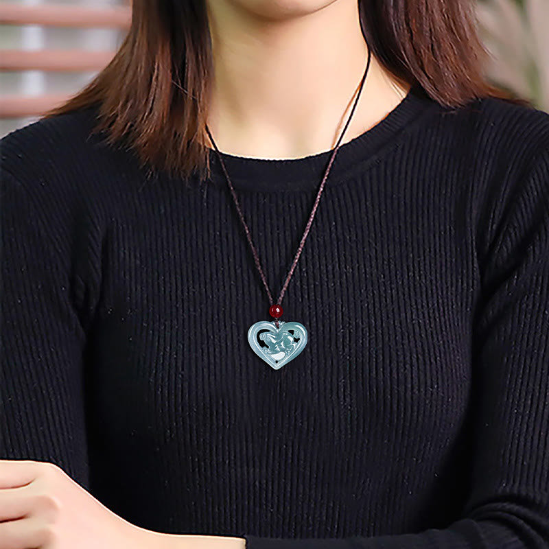 Buddha Stones Halskette mit Anhänger aus natürlicher Jade mit Herz und Kaninchen-Glück