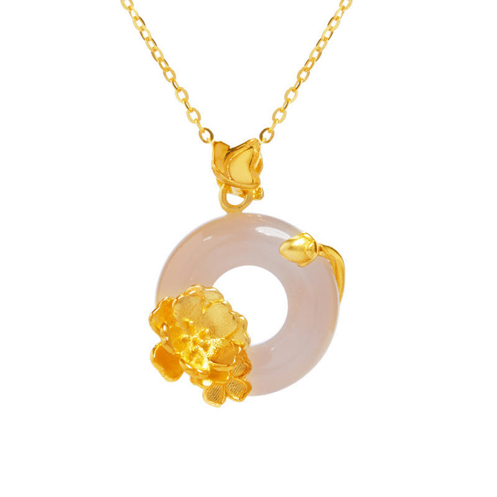 Buddha Stones Natur 925 Sterling Silber Weißer Chalcedon Peace Schnalle Pfirsichblüte Schmetterling Positiv Halskette Anhänger