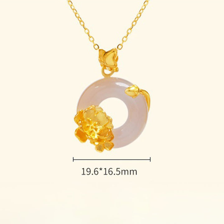 Buddha Stones Natur 925 Sterling Silber Weißer Chalcedon Peace Schnalle Pfirsichblüte Schmetterling Positiv Halskette Anhänger