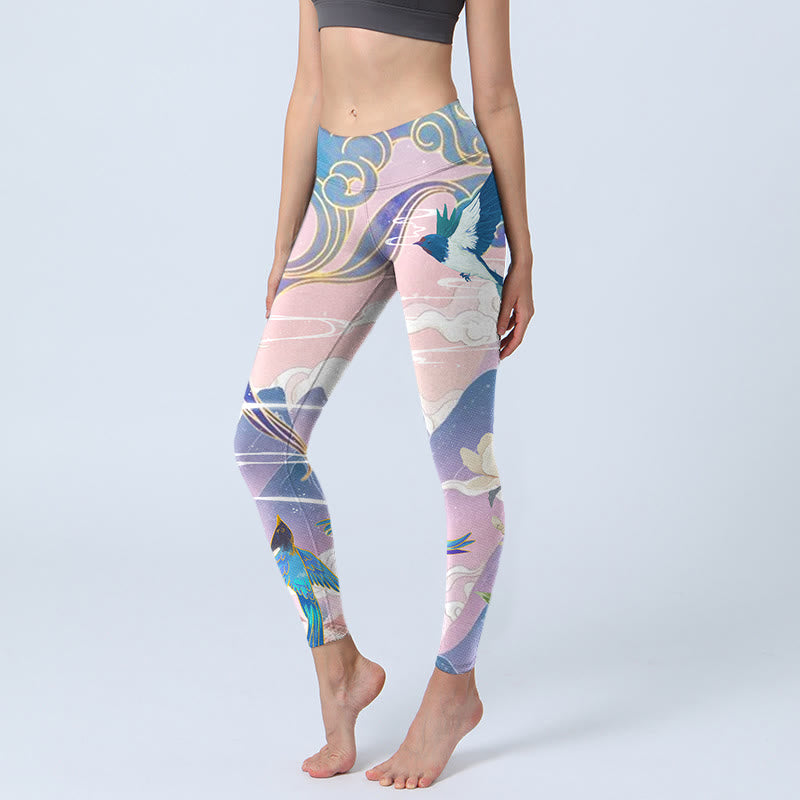 Buddha Stones, Schwalbe, Elster, Blume, Berg, glückverheißende Wolken, Print, Gym-Leggings für Damen, Yoga-Hose - Pflaume - US18, UK/AU22,EU50 (4XL) - image 1
