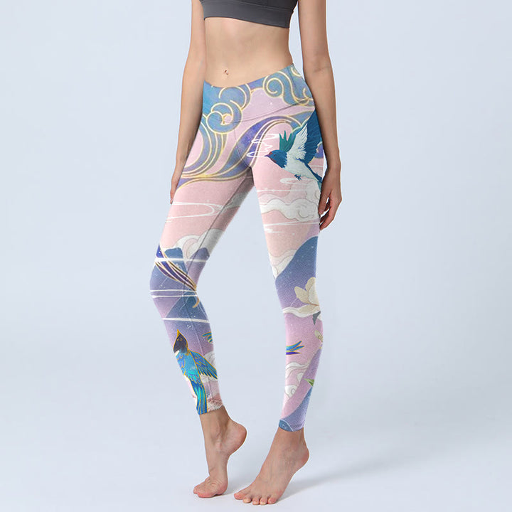 Buddha Stones, Schwalbe, Elster, Blume, Berg, glückverheißende Wolken, Print, Gym-Leggings für Damen, Yoga-Hose - Pflaume - US18, UK/AU22,EU50 (4XL) - image 1
