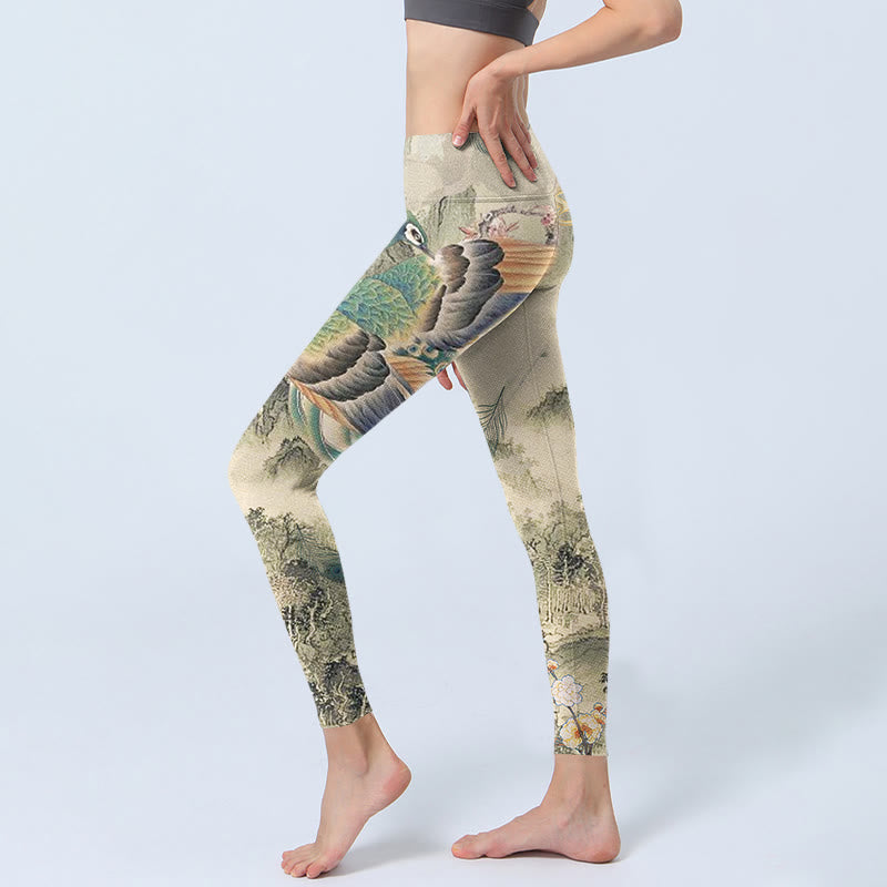 Buddha Stones, Pfau, glückverheißende Wolken, Bergblumen-Print, Gym-Leggings für Damen, Yoga-Hose - image 3