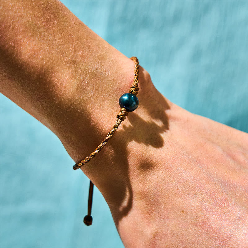 Buddha Stones Armband mit natürlicher schwarzer Tahiti-Perle und Wachsseil