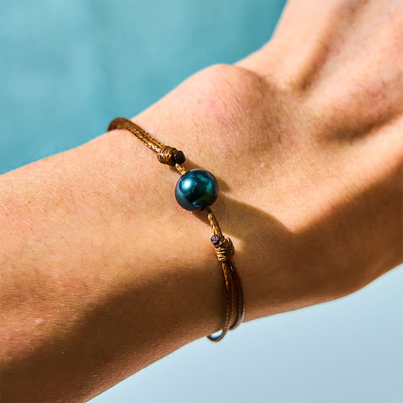 Buddha Stones Natürliches Tahiti-Armband mit schwarzer Perle und Wachsseil