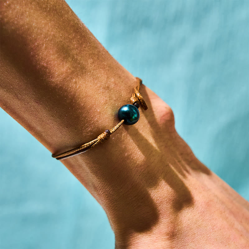 Buddha Stones Natürliches Tahiti-Armband mit schwarzer Perle und Wachsseil