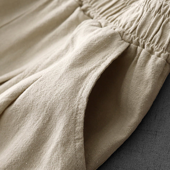 Buddha Stones Lässige, einfarbige Haremshose aus Baumwollleinen für Damen in Länge 7–8 mit Taschen