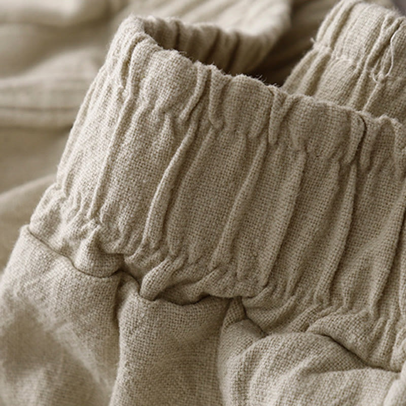 Buddha Stones Lässige, einfarbige Haremshose aus Baumwollleinen für Damen in Länge 7–8 mit Taschen