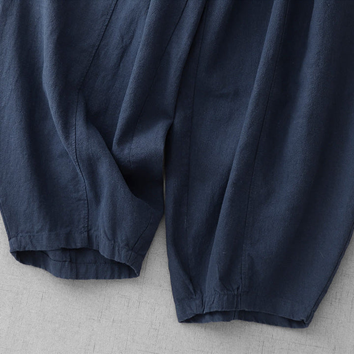 Buddha Stones Lässige, einfarbige Haremshose aus Baumwollleinen für Damen in Länge 7–8 mit Taschen