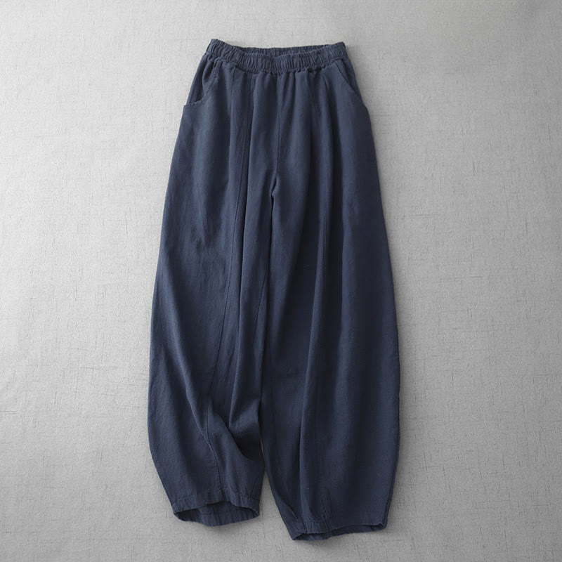 Buddha Stones Lässige, einfarbige Haremshose aus Baumwollleinen für Damen in Länge 7–8 mit Taschen