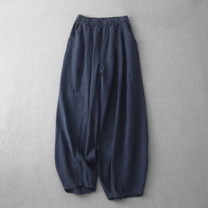 Buddha Stones Lässige, einfarbige Haremshose aus Baumwollleinen für Damen in Länge 7–8 mit Taschen