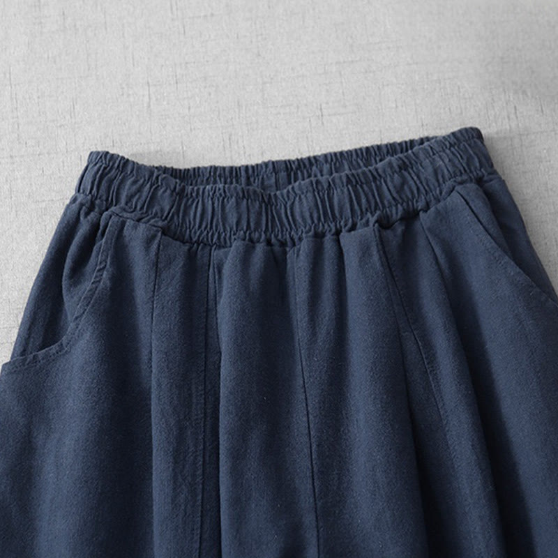 Buddha Stones Lässige, einfarbige Haremshose aus Baumwollleinen für Damen in Länge 7–8 mit Taschen